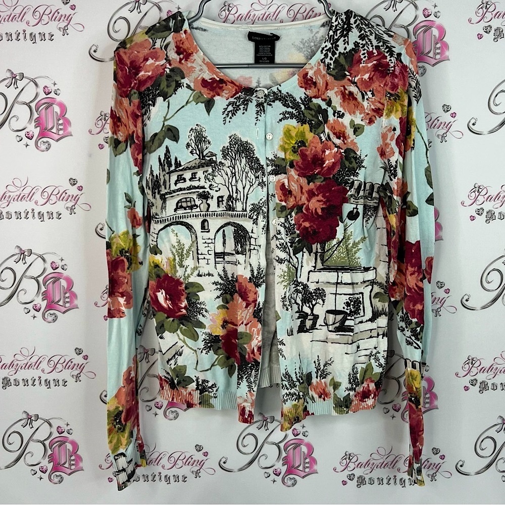 Lord & Taylor cardigan button up scenic flowers Floral and Scenic Print Blouse